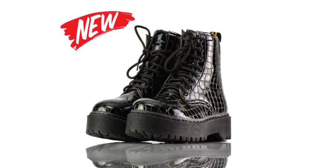 Boots Kurz Schwarz Lack Kroko Ideal Shoes
