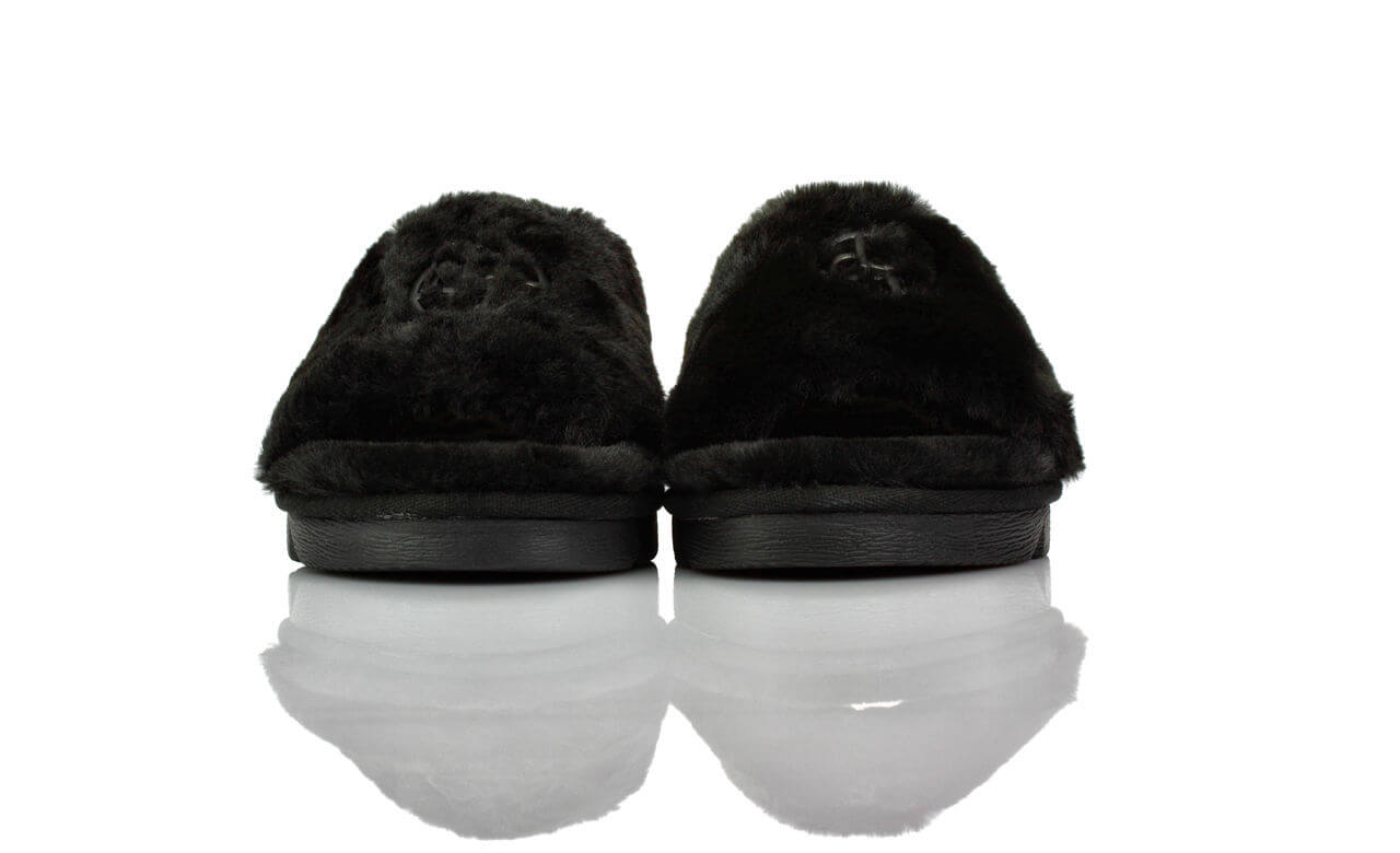 Pantoletten Plateau Keilabsatz Schwarz Fluffy Bugatti
