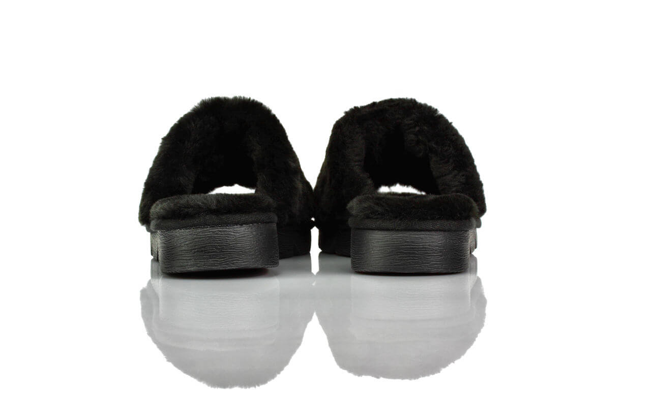 Pantoletten Plateau Keilabsatz Schwarz Fluffy Bugatti