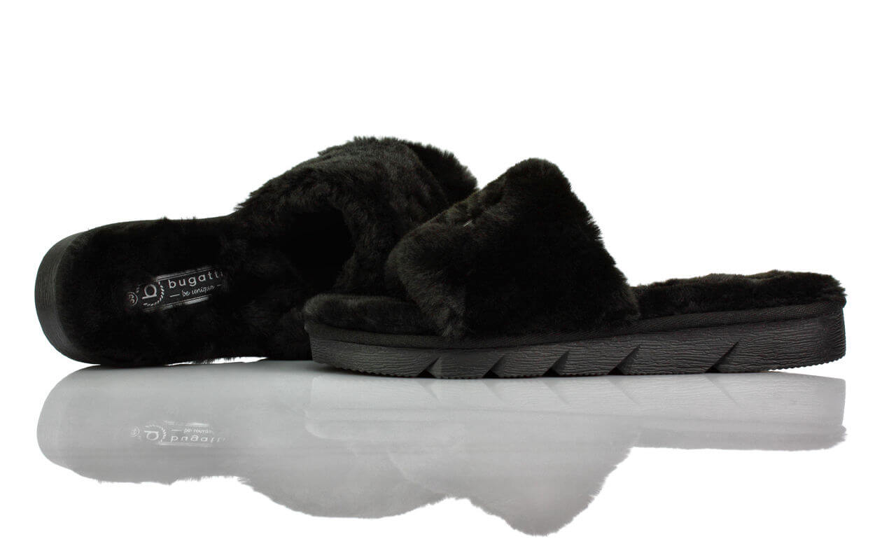 Pantoletten Plateau Keilabsatz Schwarz Fluffy Bugatti