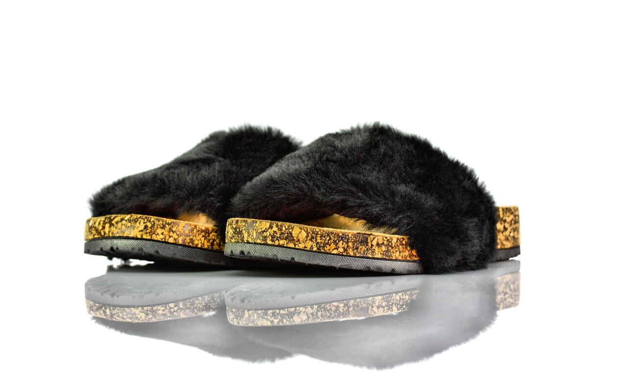 Pantoletten Schwarz Kork Fluffy Lilly & Rose