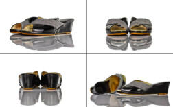 Pantoletten Keilabsatz Schwarz Silber Lack