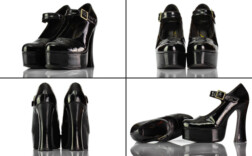 Pumps Plateau Schwarz Lack Fesselriemchen