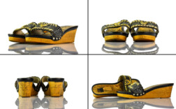 Pantoletten Plateau Keilabsatz Schwarz Gold Vintage